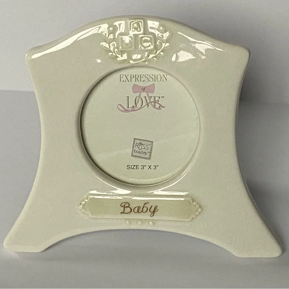 Russ Berrie Picture Frame Baby Vintage White Ceramic Blocks 3 X 3” Photo Love